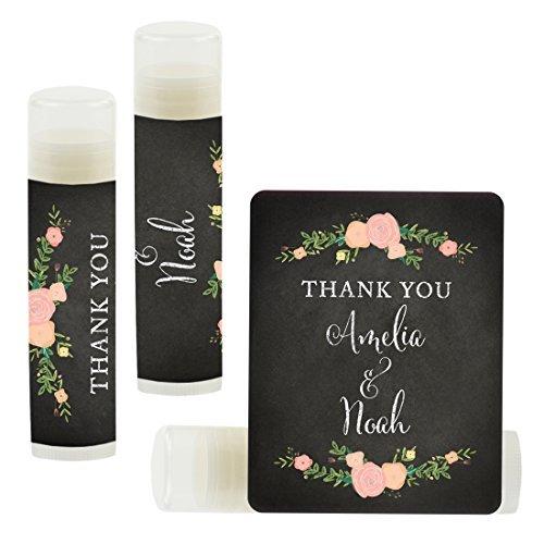 Custom Name Wedding Party Lip Balm Party Favors, Thank You, Bride & Groom-Set of 12-Andaz Press-Chalkboard Floral Roses-