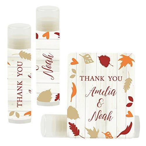 Custom Name Wedding Party Lip Balm Party Favors, Thank You, Bride & Groom-Set of 12-Andaz Press-Fallin' in Love Autumn Fall Leaves-
