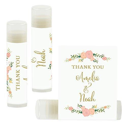 Custom Name Wedding Party Lip Balm Party Favors, Thank You, Bride & Groom-Set of 12-Andaz Press-Faux Gold Glitter Print with Florals-