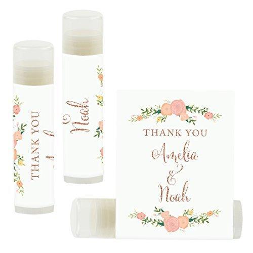 Custom Name Wedding Party Lip Balm Party Favors, Thank You, Bride & Groom-Set of 12-Andaz Press-Faux Rose Gold Glitter Print with Florals-