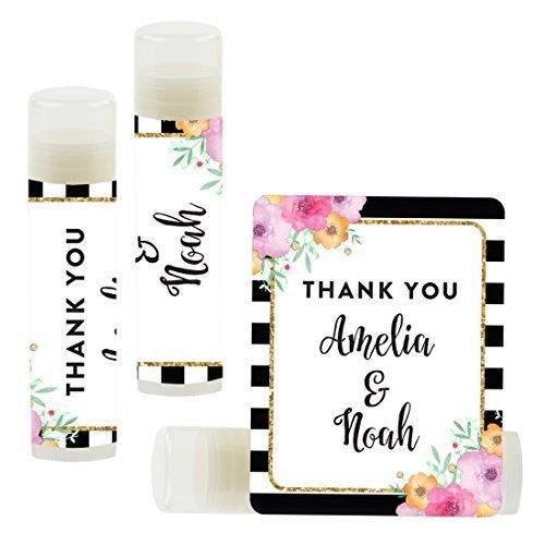 Custom Name Wedding Party Lip Balm Party Favors, Thank You, Bride & Groom-Set of 12-Andaz Press-Floral Gold Glitter Print with Black White Stripes-