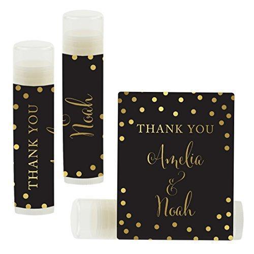 Custom Name Wedding Party Lip Balm Party Favors, Thank You, Bride & Groom-Set of 12-Andaz Press-Metallic Gold Ink on Black-