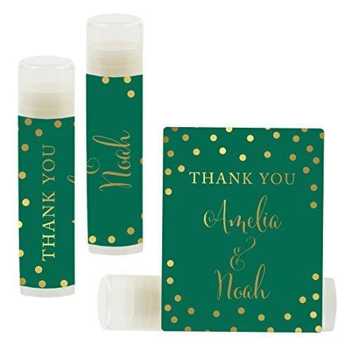 Custom Name Wedding Party Lip Balm Party Favors, Thank You, Bride & Groom-Set of 12-Andaz Press-Metallic Gold Ink on Emerald Green-