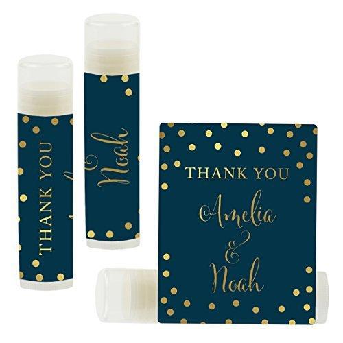 Custom Name Wedding Party Lip Balm Party Favors, Thank You, Bride & Groom-Set of 12-Andaz Press-Metallic Gold Ink on Navy Blue-