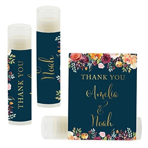 Custom Name Wedding Party Lip Balm Party Favors, Thank You, Bride & Groom-Set of 12-Andaz Press-Metallic Gold Ink on Navy Blue with Burgundy Florals-