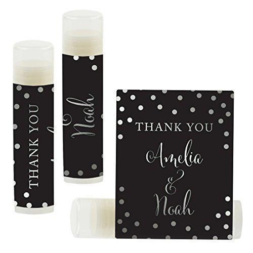 Custom Name Wedding Party Lip Balm Party Favors, Thank You, Bride & Groom-Set of 12-Andaz Press-Metallic Silver Ink on Black-
