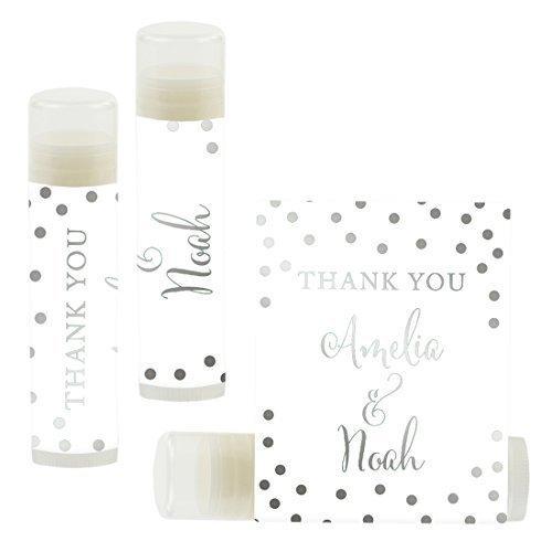 Custom Name Wedding Party Lip Balm Party Favors, Thank You, Bride & Groom-Set of 12-Andaz Press-Metallic Silver Ink on White-