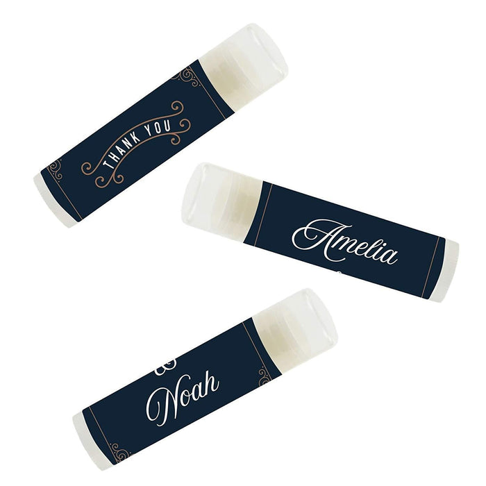 Custom Name Wedding Party Lip Balm Party Favors, Thank You, Bride & Groom-Set of 12-Andaz Press-Navy Blue Art Deco Vintage Party-