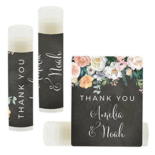 Custom Name Wedding Party Lip Balm Party Favors, Thank You, Bride & Groom-Set of 12-Andaz Press-Peach Chalkboard Floral Garden Party-