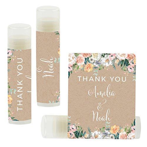 Custom Name Wedding Party Lip Balm Party Favors, Thank You, Bride & Groom-Set of 12-Andaz Press-Peach Kraft Brown Rustic Floral Garden Party-