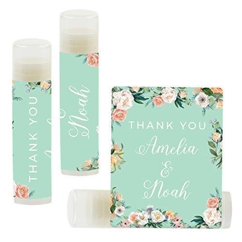 Custom Name Wedding Party Lip Balm Party Favors, Thank You, Bride & Groom-Set of 12-Andaz Press-Peach Mint Green Floral Garden Party-