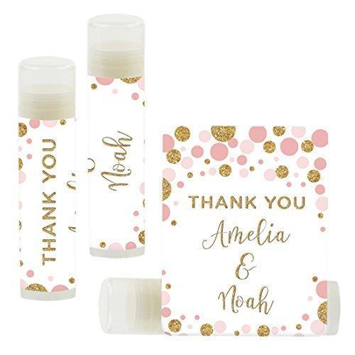 Custom Name Wedding Party Lip Balm Party Favors, Thank You, Bride & Groom-Set of 12-Andaz Press-Pink Faux Gold Glitter Confetti Dots-