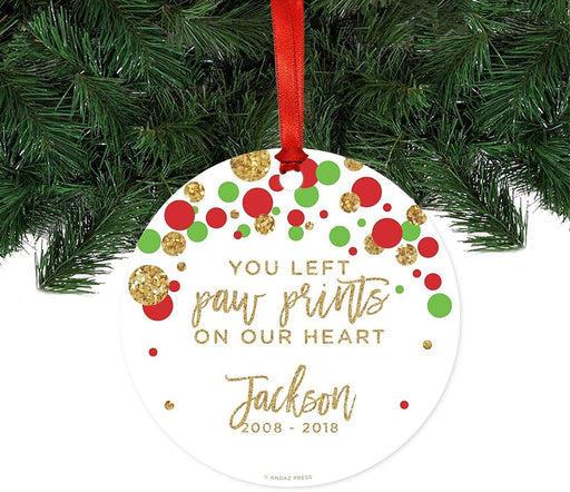 Custom Name, YearsMemorial Metal Christmas Ornament, You Left Paw Prints on Our Heart, Red, Green Gold Glittering Polka Dots-Set of 1-Andaz Press-