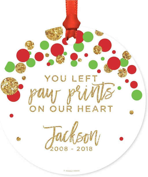 Custom Name, YearsMemorial Metal Christmas Ornament, You Left Paw Prints on Our Heart, Red, Green Gold Glittering Polka Dots-Set of 1-Andaz Press-