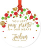 Custom Name, YearsMemorial Metal Christmas Ornament, You Left Paw Prints on Our Heart, Red, Green Gold Glittering Polka Dots-Set of 1-Andaz Press-