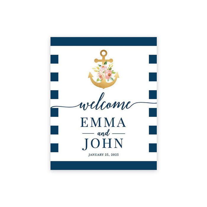 Custom Nautical Canvas Wedding Guestbook Welcome Signs-Set of 1-Andaz Press-Navy Blue White Stripes Nautical Anchor-