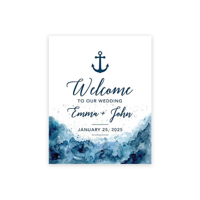 Custom Nautical Canvas Wedding Guestbook Welcome Signs-Set of 1-Andaz Press-White And Navy Blue Watercolor Nautical-