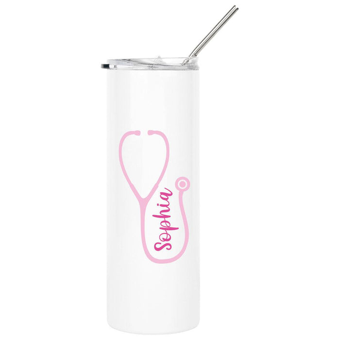Custom Nurse Skinny Tumbler with Lid and Straw - Healthcare Workers Appreciation Gifts-Set of 1-Andaz Press-Pink Stethoscope-