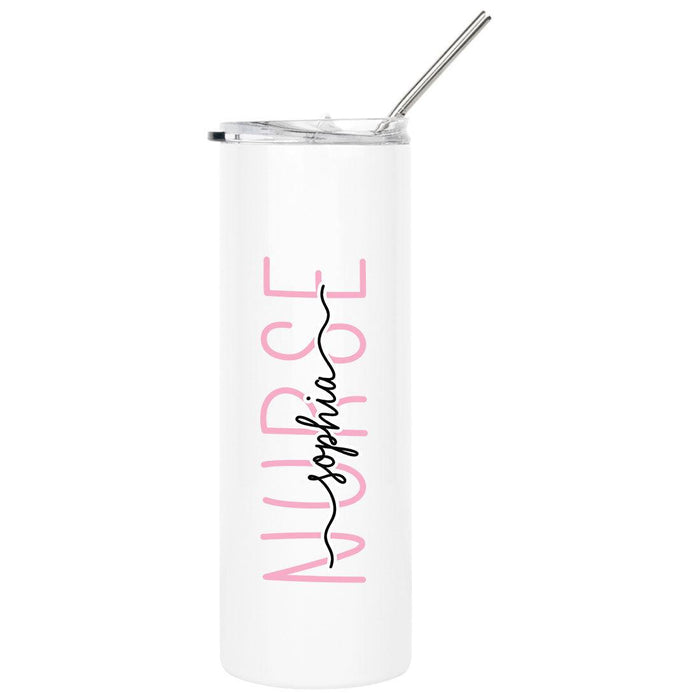 Custom Nurse Skinny Tumbler with Lid and Straw - Healthcare Workers Appreciation Gifts-Set of 1-Andaz Press-Pink Stethoscope-