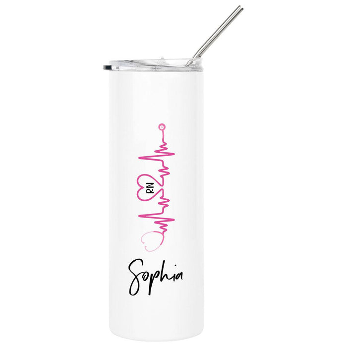 Custom Nurse Skinny Tumbler with Lid and Straw - Healthcare Workers Appreciation Gifts-Set of 1-Andaz Press-Pink Stethoscope-