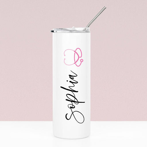 Custom Nurse Skinny Tumbler with Lid and Straw - Healthcare Workers Appreciation Gifts-Set of 1-Andaz Press-Pink Stethoscope-