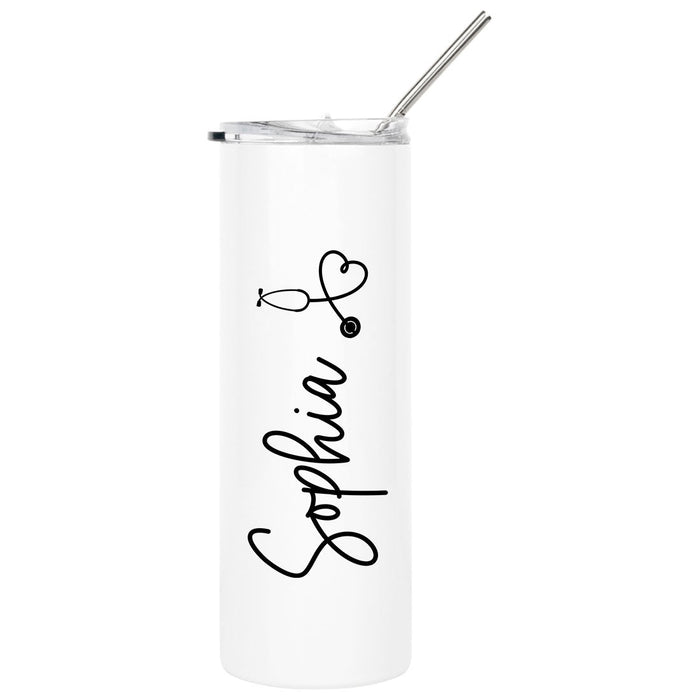 Custom Nurse Skinny Tumbler with Lid and Straw - Healthcare Workers Appreciation Gifts-Set of 1-Andaz Press-Black Heart Stethoscope-
