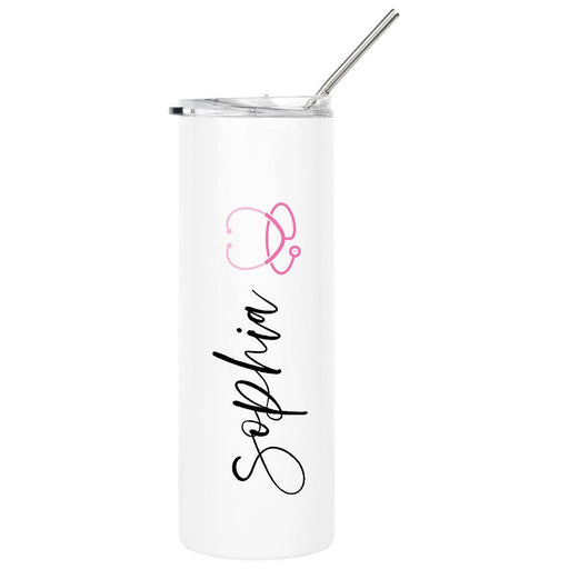 Custom Nurse Skinny Tumbler with Lid and Straw - Healthcare Workers Appreciation Gifts-Set of 1-Andaz Press-Pink Stethoscope-