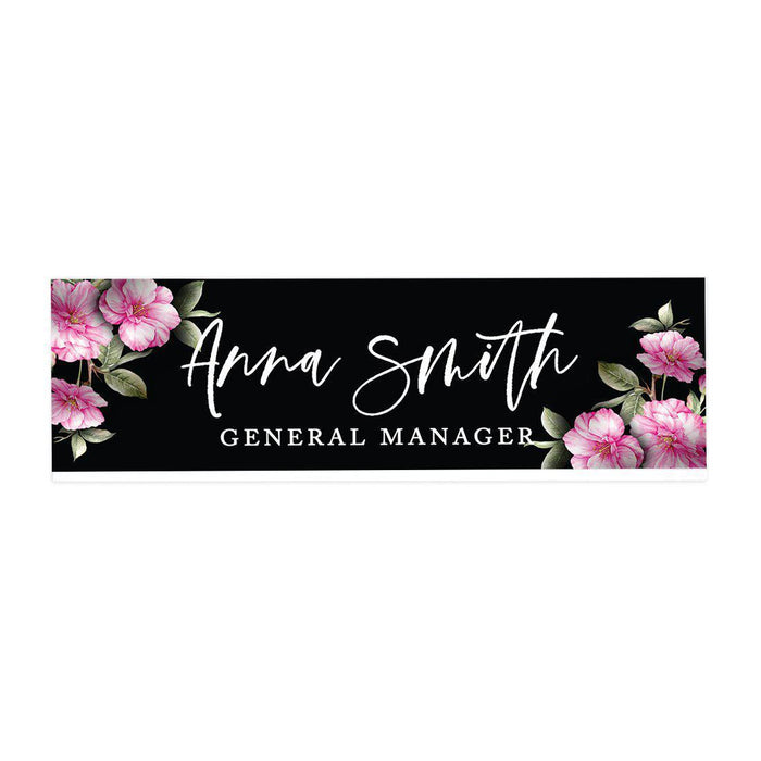 Custom Office Desk Name Plate, Personalized Acrylic Custom Name Title Plate for Home Design 1-Set of 1-Andaz Press-Black with Pink Florals-