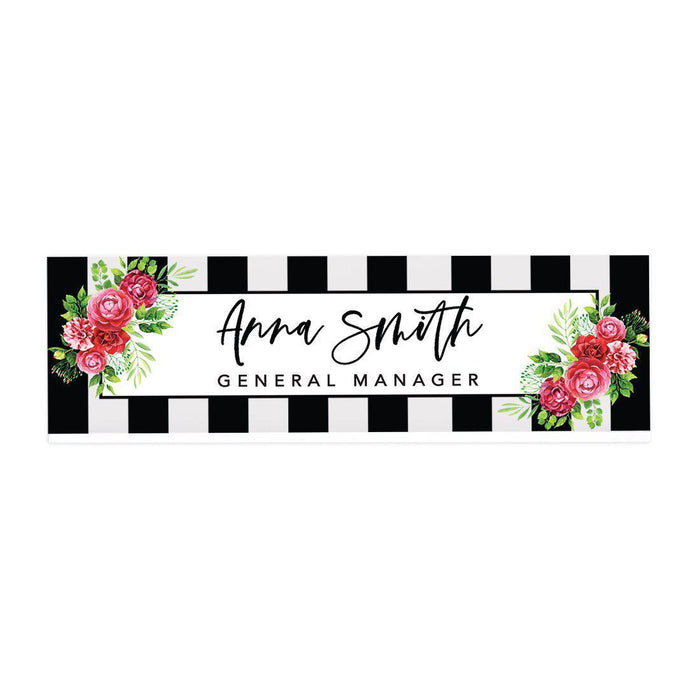 Custom Office Desk Name Plate, Personalized Acrylic Custom Name Title Plate for Home Design 1-Set of 1-Andaz Press-Floral Black and White Stripes-