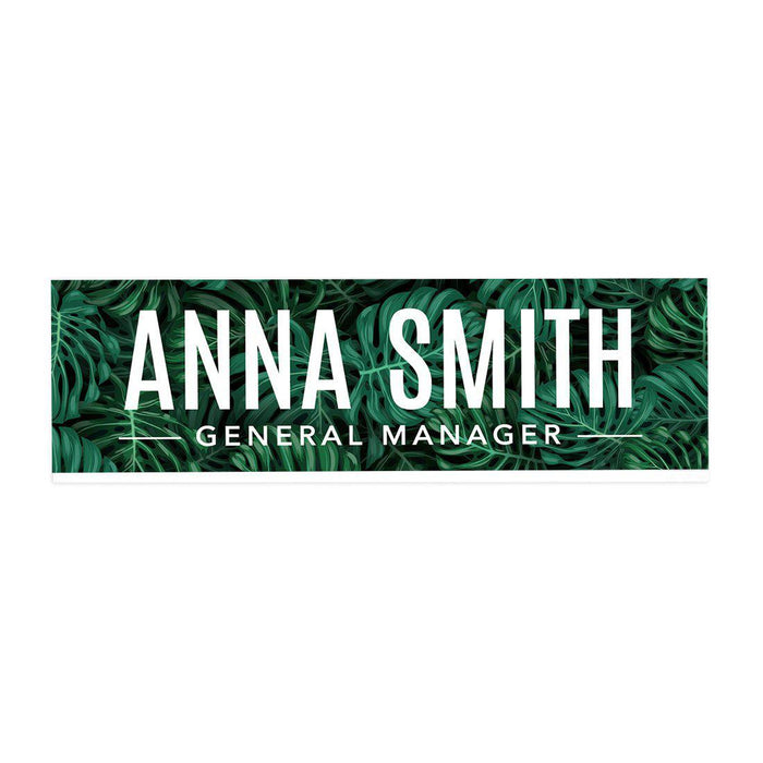 Custom Office Desk Name Plate, Personalized Acrylic Custom Name Title Plate for Home Design 1-Set of 1-Andaz Press-Green Tropical Palm Leaves-