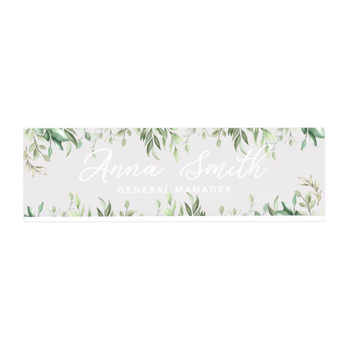Custom Office Desk Name Plate, Personalized Acrylic Custom Name Title Plate for Home Design 1-Set of 1-Andaz Press-Greenery Leaves-