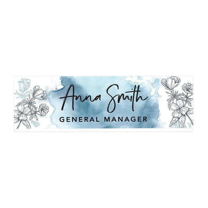 Custom Office Desk Name Plate, Personalized Acrylic Custom Name Title Plate for Home Design 2-Set of 1-Andaz Press-Dusty Blue Watercolor Wash with Florals-