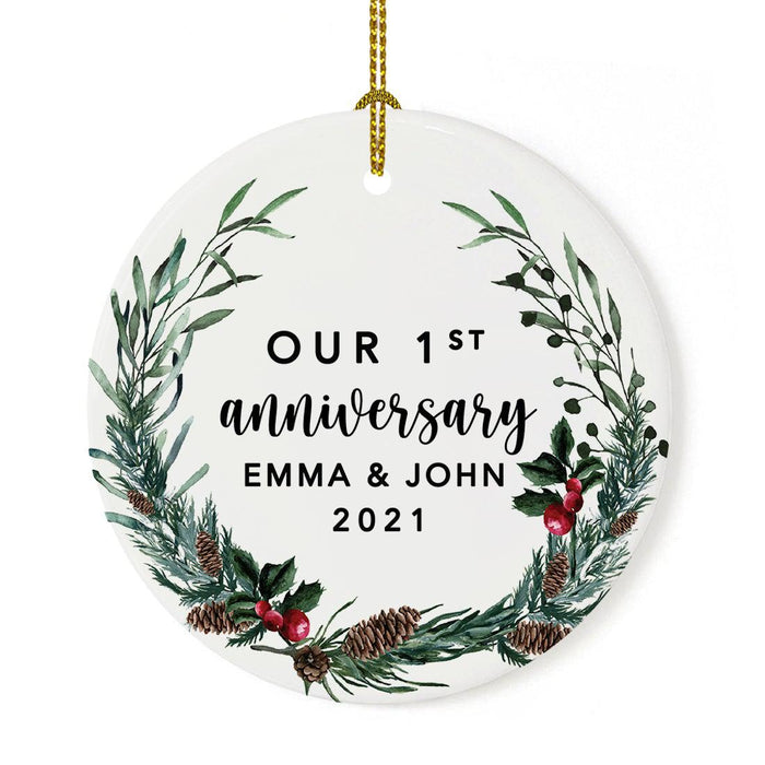 Custom Our 1st Wedding Anniversary 20XX Christmas Ornaments Round Porcelain-Set of 1-Andaz Press-Modern Black and White-