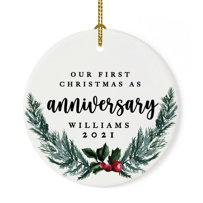 Custom Our 1st Wedding Anniversary 20XX Christmas Ornaments Round Porcelain-Set of 1-Andaz Press-Modern Black and White-