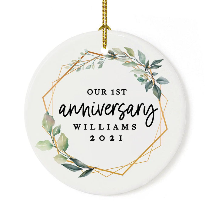 Custom Our 1st Wedding Anniversary 20XX Christmas Ornaments Round Porcelain-Set of 1-Andaz Press-Modern Black and White-