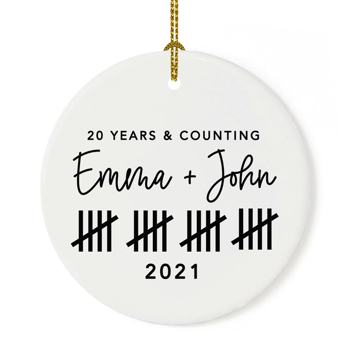 Custom Our 1st Wedding Anniversary 20XX Christmas Ornaments Round Porcelain-Set of 1-Andaz Press-Modern Black and White-