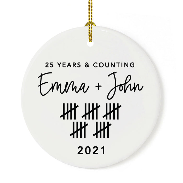 Custom Our 1st Wedding Anniversary 20XX Christmas Ornaments Round Porcelain-Set of 1-Andaz Press-Modern Black and White-