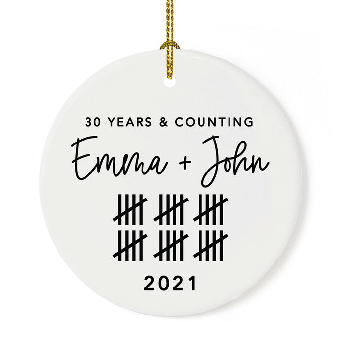 Custom Our 1st Wedding Anniversary 20XX Christmas Ornaments Round Porcelain-Set of 1-Andaz Press-Modern Black and White-