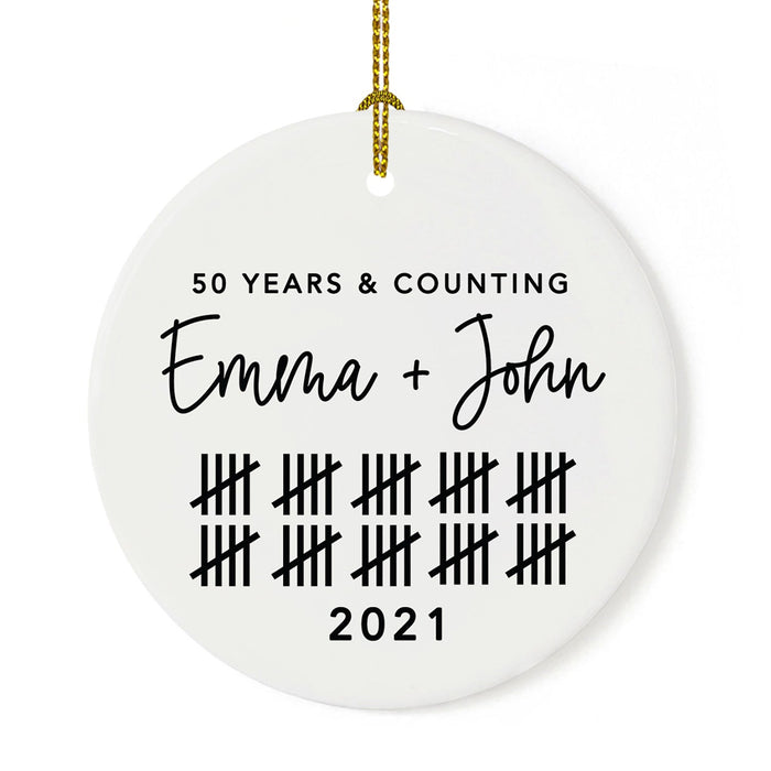Custom Our 1st Wedding Anniversary 20XX Christmas Ornaments Round Porcelain-Set of 1-Andaz Press-Modern Black and White-