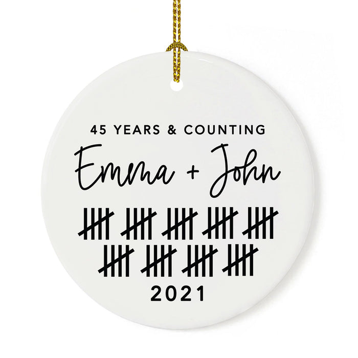 Custom Our 1st Wedding Anniversary 20XX Christmas Ornaments Round Porcelain-Set of 1-Andaz Press-45 Years & Counting-