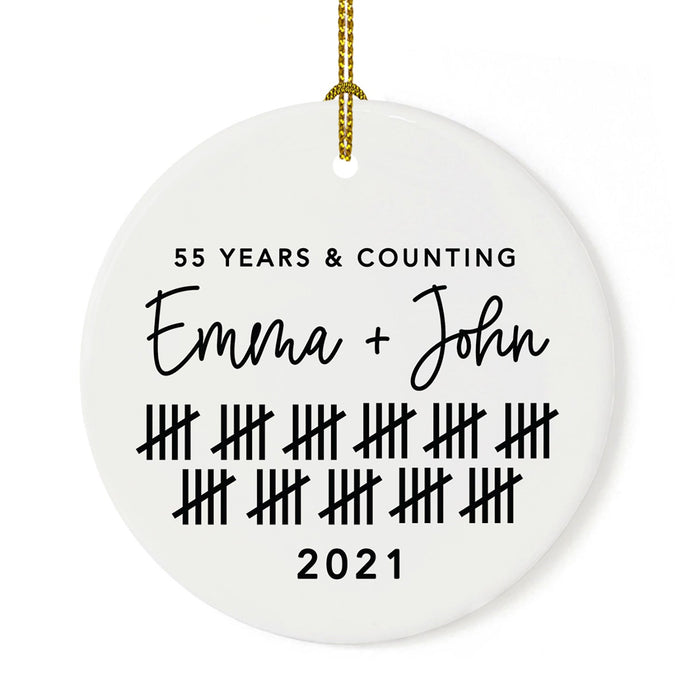 Custom Our 1st Wedding Anniversary 20XX Christmas Ornaments Round Porcelain-Set of 1-Andaz Press-55 Years & Counting-