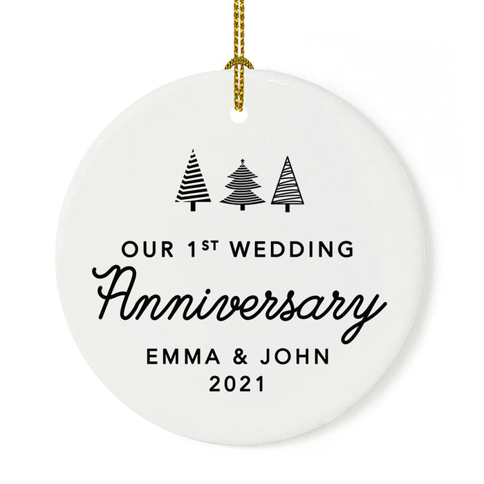 Custom Our 1st Wedding Anniversary 20XX Christmas Ornaments Round Porcelain-Set of 1-Andaz Press-Modern Black and White-