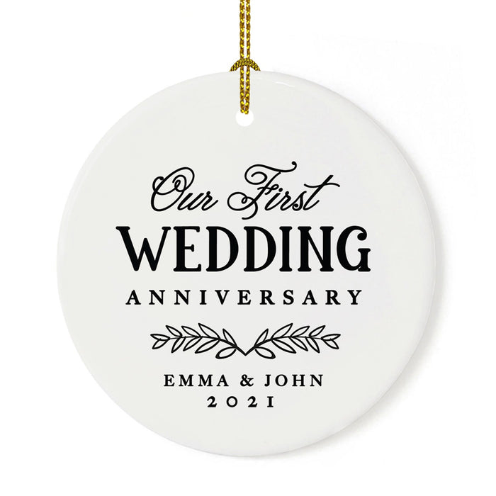 Custom Our 1st Wedding Anniversary 20XX Christmas Ornaments Round Porcelain-Set of 1-Andaz Press-Modern Black and White-