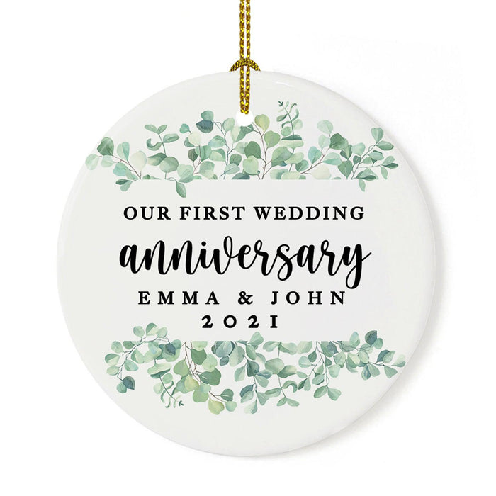 Custom Our 1st Wedding Anniversary 20XX Christmas Ornaments Round Porcelain-Set of 1-Andaz Press-Greenery Eucalyptus-