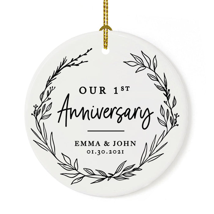 Custom Our 1st Wedding Anniversary 20XX Christmas Ornaments Round Porcelain-Set of 1-Andaz Press-Modern Farmhouse Wreath-