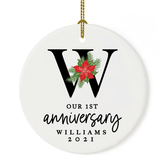 Custom Our 1st Wedding Anniversary 20XX Christmas Ornaments Round Porcelain-Set of 1-Andaz Press-Monogram Poinsettia-