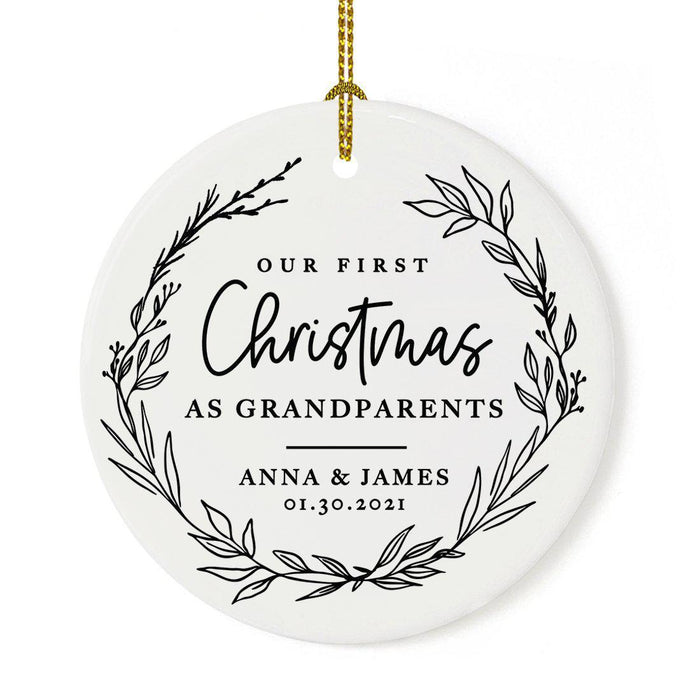 Custom Our First Christmas As Grandparents 2021, Round Porcelain Ceramic Ornament-Set of 1-Andaz Press-Modern Black and White-