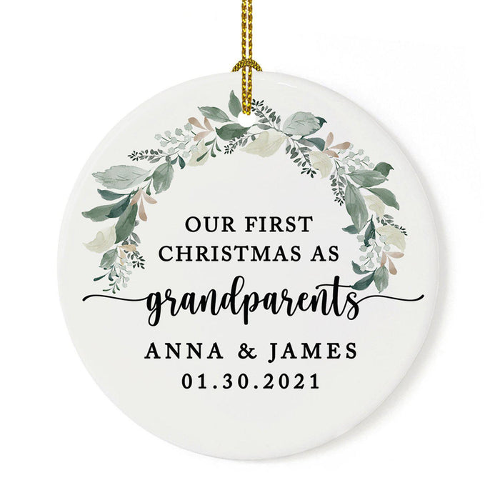 Custom Our First Christmas As Grandparents 2021, Round Porcelain Ceramic Ornament-Set of 1-Andaz Press-Modern Black and White-