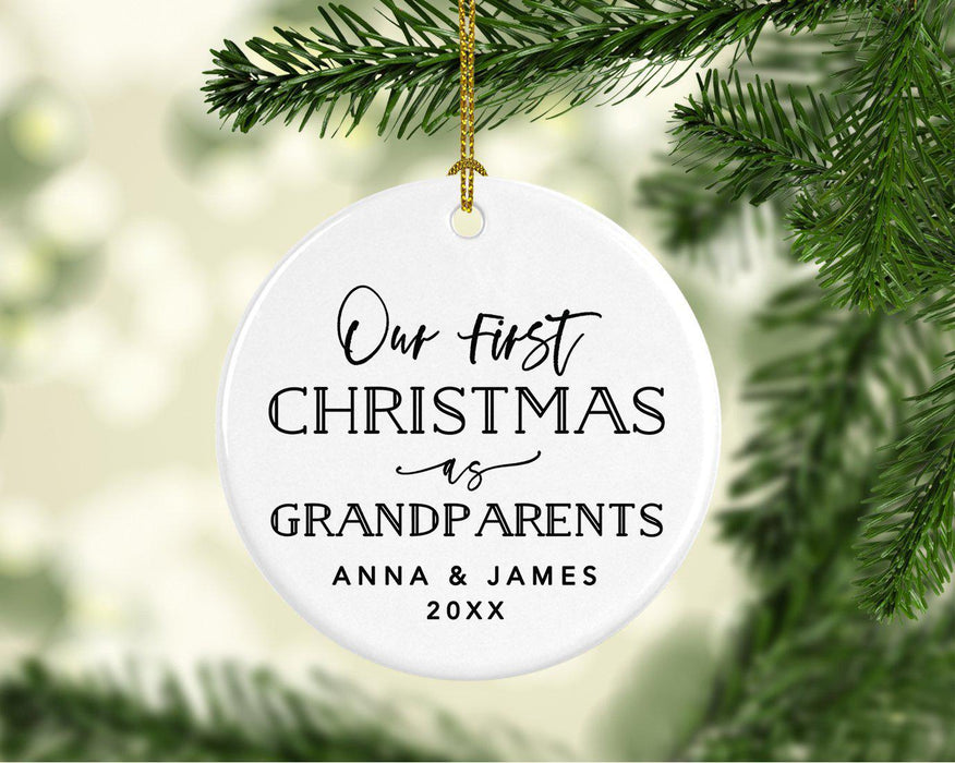 Custom Our First Christmas As Grandparents 2021, Round Porcelain Ceramic Ornament-Set of 1-Andaz Press-Modern Black and White-