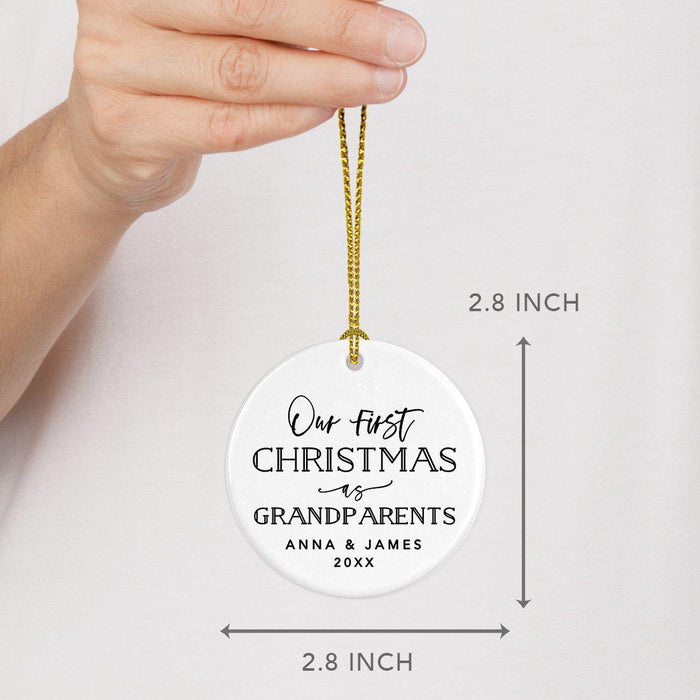 Custom Our First Christmas As Grandparents 2021, Round Porcelain Ceramic Ornament-Set of 1-Andaz Press-Modern Black and White-